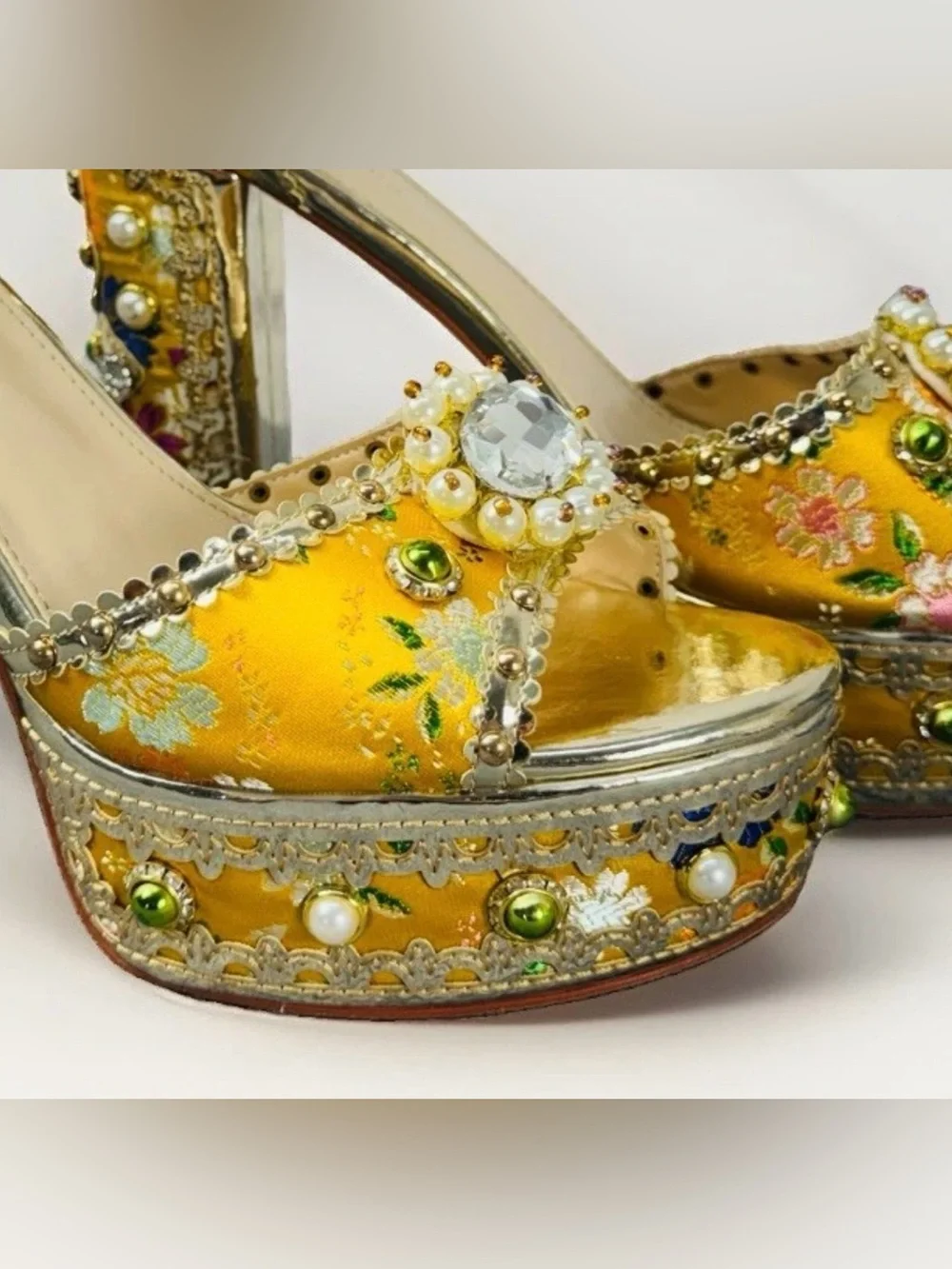 Azalea Wang Cici Yellow Gold Jeweled Baroque Platform Heels